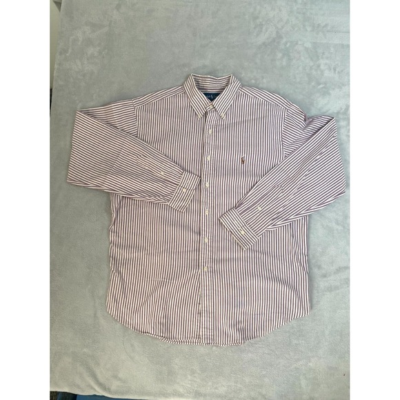 Ralph Lauren Dress Shirt‎ Mens 17.5 Pink White Striped Cotton Classic Fit Formal - Picture 1 of 8